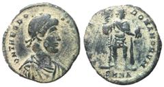Roman Imperial Coins Theodosius I, 392 - 394 AD AE22, Nicomedia Mint, 3.67 grams Obverse: D N THEODOSIVS P F AVG, Diademed, draped and cuirassed bust of Theodosius right. Reverse: GLORIA ROMANORVM, Th