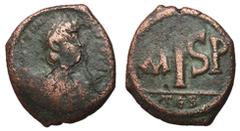 Byzantine Coins Justinian I, 527 - 565 AD AE 16 Nummi, Thessalonica Mint, 24mm, 5.91 grams Obverse: DN IVSTINIANVS PP AVG, Pearl diademed, draped and cuirassed bust of Justinian right. Reverse: Large 