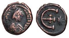 Byzantine Coins Justinian I, 527 - 565 AD AE Pentanummium, Theoupolis Mint, 12mm, 2.35 grams Obverse: D N IVSTINIANVS PP AG, Diademed, draped and cuirassed bust of Justinian right. Reverse: Large E wi