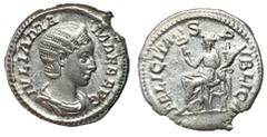 Roman Coins Julia Mamaea, Issue by Severus Alexander, 222 - 235 AD Silver Denarius, Rome Mint, 19mm, 2.87 grams Obverse: IVLIA MAMAEA AVG, Draped bust of Julia right wearing stephane. Reverse: FELICIT