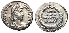 Roman Coins Constantius II, 337 - 361 AD Silver Siliqua, Constantinople Mint, 19mm, 2.09 grams Obverse: DN CONSTANTIVS PF AVG, Diademed, draped and cuirassed bust of Constantius right. Reverse: VOTIS 
