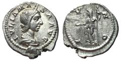 Roman Coins Julia Maesa, Issue by Elagabalus, 218 - 220 AD Silver Denarius, Rome Mint, 20mm, 3.67 grams Obverse: IVLIA MAESA AVG, Draped bust of Julia right. Reverse: IVNO, Juno standing left holding 
