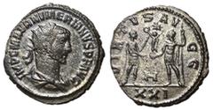 Roman Coins Numerian, 283 - 284 AD AE Antoninianus, Antioch Mint, 21mm, 3.26 grams Obverse: IMP NVMERIANVS AVG, Radiate and cuirassed bust of Numerian right. Reverse: VIRTVS AVGG, Carus standing on ri