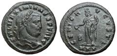 Roman Coins Galerius, 305 - 311 AD AE Follis, Cyzicus Mint, 27mm, 6.31 grams Obverse: GAL MAXIMIANVS P F AVG, Laureate head of Galerius right. Reverse: GENIO AVGVSTI, Genius standing left with kalatho