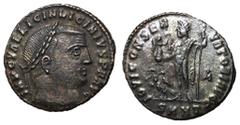 Roman Coins Licinius I, 308 - 324 AD AE Follis, Heraclea Mint, 21mm, 3.33 grams Obverse: IMP C VAL LINCIN LICINIVS P F AVG, Laureate head of Licinius right. Reverse: IOVI CONSERVATORI AVGG, Jupiter st
