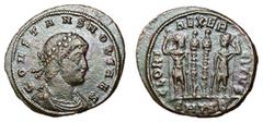 Roman Coins Constans, 337 - 350 AD AE Follis, Thessalonica Mint, 21mm, 2.76 grams Obverse: CONSTANS NOB CAES, Diademed, draped and cuirassed bust of Constans right. Reverse: GLORIA EXERCITVS, Two sold