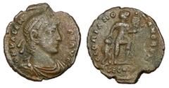 Roman Coins Valens, 364 - 378 AD AE Follis, Rome Mint, 19mm, 2.24 grams Obverse: D N VALENS P F AVG, Diademed, draped and cuirassed bust of Valens right. Reverse: SECVRITAS REIPVBLICAE, Valens advanci