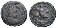 Roman Coins Theodosius I, 379 - 395 AD AE Follis, Constantinople Mint, 17mm, 1.31 grams Obverse: D N THEODOSIVS P F AVG, Diademed, draped and cuirassed bust of Theodosius right. Reverse: GLORIA ROMANO