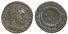 Roman Coins Licinius I, 308 - 324 AD AE Follis, Arelate Mint, 19mm, 3.18 grams Obverse: D N LICINIVS AVG, Laureate head of Licinius right. Reverse: D N LICINI AVGVSTI, Laurel wreath around VOT . XX, S