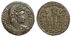 Roman Coins Constans, 337 - 350 AD AE Follis, Siscia Mint, 16mm, 1.80 grams Obverse: CONSTANS P F AVG, Diademed, draped and cuirassed bust of Constans right. Reverse: GLORIA EXERCITVS, Two soldiers st