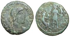 Roman Coins Gratian, 367 - 383 AD AE Follis, Arelate Mint, 24mm, 4.27 grams Obverse: D N GRATIANVS P F AVG, Diademed, draped and cuirassed bust of Gratian right. Reverse: REPARATIO REIPVB, Gratian sta