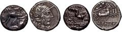 Ancient Roman Republic, Lot of 2 Denar, M. Aemilius Scaurus and P. Plautius Hypsaeus 58 BC, M. Fannius 123, BC, RomeWeight (from left) 2,71 g, 16 mm i 3,93 g, 19 mm. An interesting set, including a ra