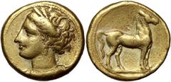 Ancient Carthage, Zeugitania, 350-270 BC, Stater ELWeight 7,63 g, 18 mm. Stater, electrum.Waga 7,63 g, 18 mm. Awers: głowa bogini Tanit zwrócona w lewo, rewers: stojący koń zwrócony w prawo.Reference: