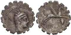 Roman Republic, L. Papius 79 BC, Denar Serratus, RomeWeight 3.02 g, 18 mm. Serratus type. Obverse: head of Juno Sospita to the right, reverse: Griffin flying to the right, basket under it, L PAPI at t