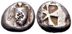 The Lundahl collection (1955-1995) Aegina, Aegina. Ca. 510-480. AR stater, 12.10 g. Sea turtle / skew pattern within incuse square. Milbank, pl. 1, 9. Counterstamped. Nearly very fine.