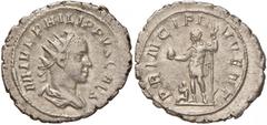 Roman Empire coins ROMANE IMPERIALI - Filippo II (247-249) - Antoniniano - Busto radiato e drappeggiato a d. /R Filippo in abiti militari stante a s. con globo e lancia rivolta in basso; ai suoi piedi