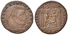 Roman Empire coins ROMANE IMPERIALI - Massenzio (306-312) - Follis (Aquileia) - Busto laureato a d. /R Roma seduta entro tempio tetrastilo porge un globo a Massenzio; nel timpano, due fanciulli RIC 11