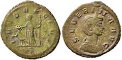 Roman Empire coins ROMANE IMPERIALI - Severina (moglie di Aureliano) - Asse - Busto drappeggiato e diademato a d. /R Giunone stante a s. con patera e scettro; ai suoi piedi un pavone C. 9; RIC 316/7 (