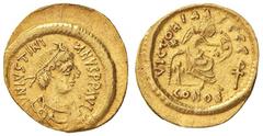 Byzantine coins BIZANTINE - Giustino I (518-527) - Semisse - Busto diademato e drappeggiato a d. /R La Vittoria a d. scrive su uno scudo Ratto 387 (AU g. 2,22) bel BB