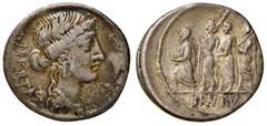 Roman Republic coins ROMANE REPUBBLICANE - JUNIA - L. Junius Brutus (54 a.C.) - Denario - Testa della Libertà a d. /R Il console L. Junius Brutus tra un araldo e due littori B. 31; Cr. 433/1 (AG g. 4,