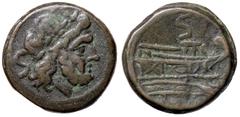 ROMANE REPUBBLICANE - ANONIME - Monete senza simboli (dopo 211 a.C.) - Semisse - Testa laureata di Saturno a d. /R Prua di nave a d.; sopra, lettera S Cr. 56/3 (AE g. 15,2) bel BB.