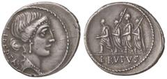 Roman Republic coins ROMANE REPUBBLICANE - JUNIA - L. Junius Brutus (54 a.C.) - Denario - Testa della Libertà a d. /R Il console L. Junius Brutus tra un araldo e due littori B. 31; Cr. 433/1 (AG g. 3,