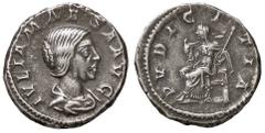 Roman Empire coins ROMANE IMPERIALI - Giulia Maesa (ava di Elagabalo) - Denario - Busto diademato e drappeggiato a d. /R Il Pudore seduto a s. con scettro si aggiusta il velo C. 36 (AG g. 4,05) SPL/SP