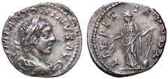 Roman Empire coins ROMANE IMPERIALI - Elagabalo (218-222) - Denario - Busto laureato e drappeggiato a d. /R La Letizia stante a s. con corona e timone su globo C. 70; RIC 95 (AG g. 3,29) qSPL/SPL