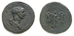 Monete Romane Imperiali Traiano (98-117 d.C.) Dupondio databile al periodo 114-117 d.C. - Zecca: Roma - Diritto: busto radiato e drappeggiato dell'Imperatore a destra - Rovescio: l'Imperatore stante d