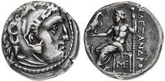 Monete Greche Macedonia Alessandro III (336-323 a.C.) - Dracma postuma databile al periodo 310-301 a.C. - Zecca: Lampsaco - Diritto: testa di Eracle a destra ricoperta dalle fauci del leone - Rovescio