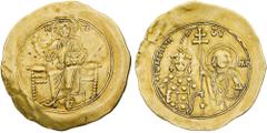 Monete Bizantine Giovanni II Comneno (1118-1143) - Hyperpyron - Zecca: Costantinopoli - Diritto: Gesù Cristo benedicente seduto di fronte - Rovescio: busti dell'Imperatore e della Vergine affiancati n