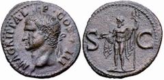Caligola (37-41 d.C.) - Asse di "restituzione" ad Agrippa, nonno materno dell'Imperatore Zecca: Roma - Fronte: testa di Agrippa a sinistra con corona rostrale - Retro: Nettuno stante a sinistra tene u