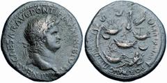 Nerone (54-68 d.C.) - Sesterzio databile al 67 d.C. Zecca: Lugdunum - Fronte: testa laureata dell'Imperatore a destra; sotto il taglio del collo, un globetto - Retro: il porto di Ostia visto dall'alto