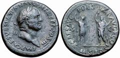 Vespasiano (69-79 d.C.) - Sesterzio databile al 71 d.C. Zecca: Roma - Fronte: testa laureata dell'Imperatore a destra - Retro: Tito e Domiziano stanti di fronte reggono entrambi una lancia; Tito tiene