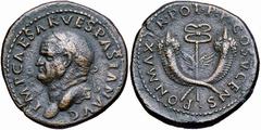 Vespasiano (69-79 d.C.) - Dupondio databile al 74 d.C. Zecca: Roma - Fronte: testa laureata dell'Imperatore a sinistra - Retro: caduceo alato fra due cornucopie intrecciate alla base - gr. 13,62 - In 