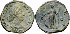 Marco Aurelio (161-180 d.C.) - Sesterzio al nome e con l'effigie di Faustina Junior, moglie dell'Imperatore Zecca: Roma - Fronte: busto drappeggiato di Faustina Junior a destra - Retro: Giunone stante