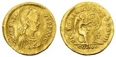 Arcadio (395-408 d.C.) - Semisse databile al periodo 383-388 d.C. Zecca: Costantinopoli Fronte: busto diademato di perle, drappeggiato e corazzato dell'Imperatore a destra - Retro: la Vittoria seduta 