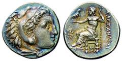 Alessandro III (336-323 a.C.) - Dracma postuma databile al periodo 323-317 a.C. Zecca: Abydus - Fronte: testa di Eracle a destra ricoperta dalle fauci del leone - Retro: Zeus seduto a sinistra su un t