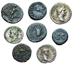Secoli I a.C. e I d.C. - Insieme di tre Denari, quattro Quadranti e un Bronzetto coloniale Rispettivamente identificabili e classificabili come segue: Tito RIC n. 209 - Domiziano (2) RIC n. 74 e n. 68