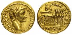 Θ Tiberius (14-37 d.C.) - Aureo databile agli anni 14-15 d.C. Zecca: Lugdunum - Fronte: testa laureata dell'Imperatore a destra - Retro: Tiberio su una quadriga al passo verso destra tiene un ramo di 