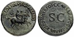 Θ Caligola (37-41 d.C.) - Dupondio databile agli anni 37-38 d.C. Zecca: Roma - Fronte: Nerone e Druso Cesari affiancati al galoppo verso destra - Retro: le lettere S C - gr. 15,32 - Non comune e di bu