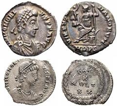 Onorio (395-423 d.C.) - Siliqua databile al periodo 395-402 d.C. Zecca: Mediolanum - Fronte: busto diademato, drappeggiato e corazzato dell'Imperatore a destra - Retro: Roma seduta a sinistra su una c