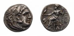 Alessandro III (336-323 a.C.) - Dracma postuma databile al periodo 310-301 a.C. - Zecca: Abydus - Diritto: testa di Eracle a destra ricoperta dalle fauci del leone - Rovescio: Zeus seduto a sinistra s