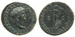 nerone (54-68 d.c.) Dupondio databile al 66 d.C. - Zecca: Lugdunum - Diritto: testa laureata dell’Imperatore a destra - Rovescio: la Vittoria in cammino verso sinistra tiene una corona di quercia con 
