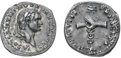 Domiziano (81-96 d.C.) Denario con il titolo di Cesare databile 79 d.C. - Zecca: Roma - Diritto: testa laureata di Domiziano a destra - Rovescio: due mani che si stringono davantia un'aquila legionari