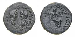 Monete Romane Imperiali Domiziano (81-96 d.C.) AE26 ai nomi e con le effigi di Domiziano e Domizia - Zecca: Cibyra - Diritto: busto affrontati di Domiziano e Domizia - Rovescio: Zeus seduto in trono a
