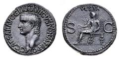 Monete Romane Imperiali Caligola (37-41 d.C.) Asse databile agli anni 37-38 d.C. - Zecca: Roma - Diritto: testa dell'Imperatore a sinistra - Rovescio: Vesta seduta a sinistra tiene una patera con la m