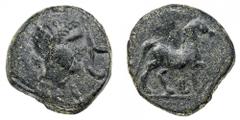 Monete Celtiche e Iberiche - Spagna Sacili - Semisse databile al periodo 120-50 a.C. - Zecca: Cordoba (Spagna) - Diritto: testa maschile a destra con corona di foglie di vite - Rovescio: cavallo al pa