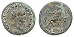 Monete Romane Imperiali - Vespasiano (69-79 d.C.) Dupondio databile al 71 d.C. - Zecca: Roma - Diritto: testa radiata dell'Imperatore a destra - Rovescio: Roma seduta a sinistra su una corazza tiene u