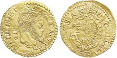 Monete di Zecche Italiane-Regno di Napoli Filippo II di Spagna (1554-1598) - Scudo d'oro - Zecca: Napoli - Diritto: effigie coronata di Filippo II a destra - Rovescio: stemma a cuore coronato e ornato